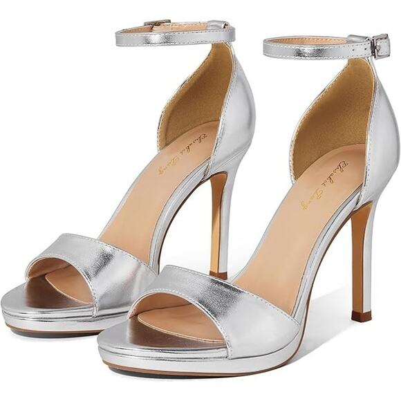 Silver Metallic Glam Event Formal Ankle Strap Platform Stiletto Heel Sandals 8.5 - Picture 1 of 5